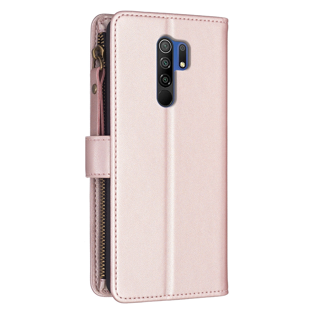 Xiaomi Redmi 9 Leather Flip Phone Case with 9 Card Slots, Zipper Wallet & Detachable Wristlet Strap