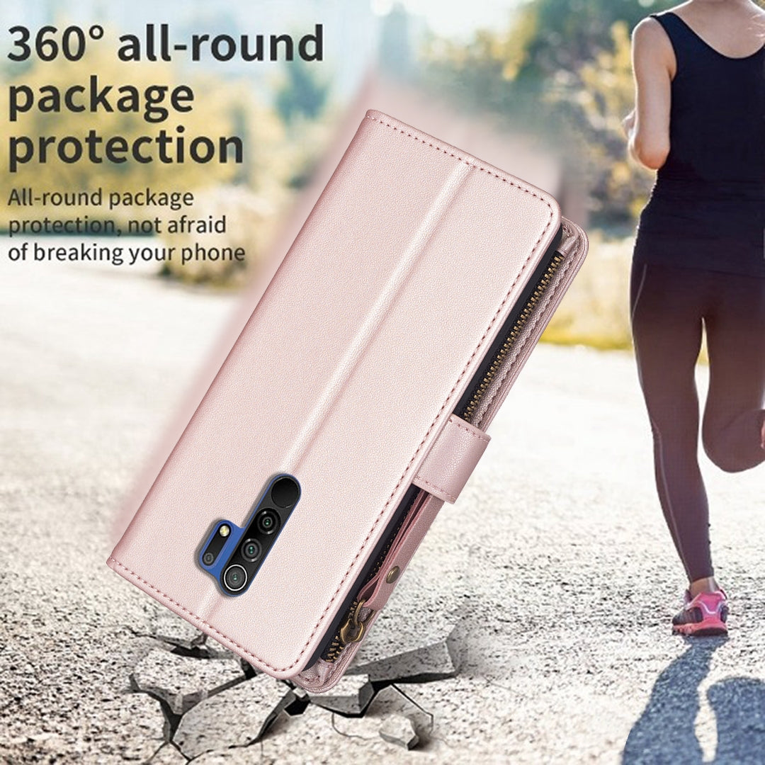 Xiaomi Redmi 9 Leather Flip Phone Case with 9 Card Slots, Zipper Wallet & Detachable Wristlet Strap