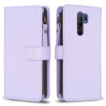 Xiaomi Redmi 9 Leather Flip Phone Case with 9 Card Slots, Zipper Wallet & Detachable Wristlet Strap