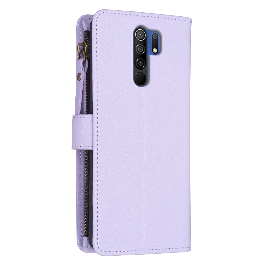Xiaomi Redmi 9 Leather Flip Phone Case with 9 Card Slots, Zipper Wallet & Detachable Wristlet Strap