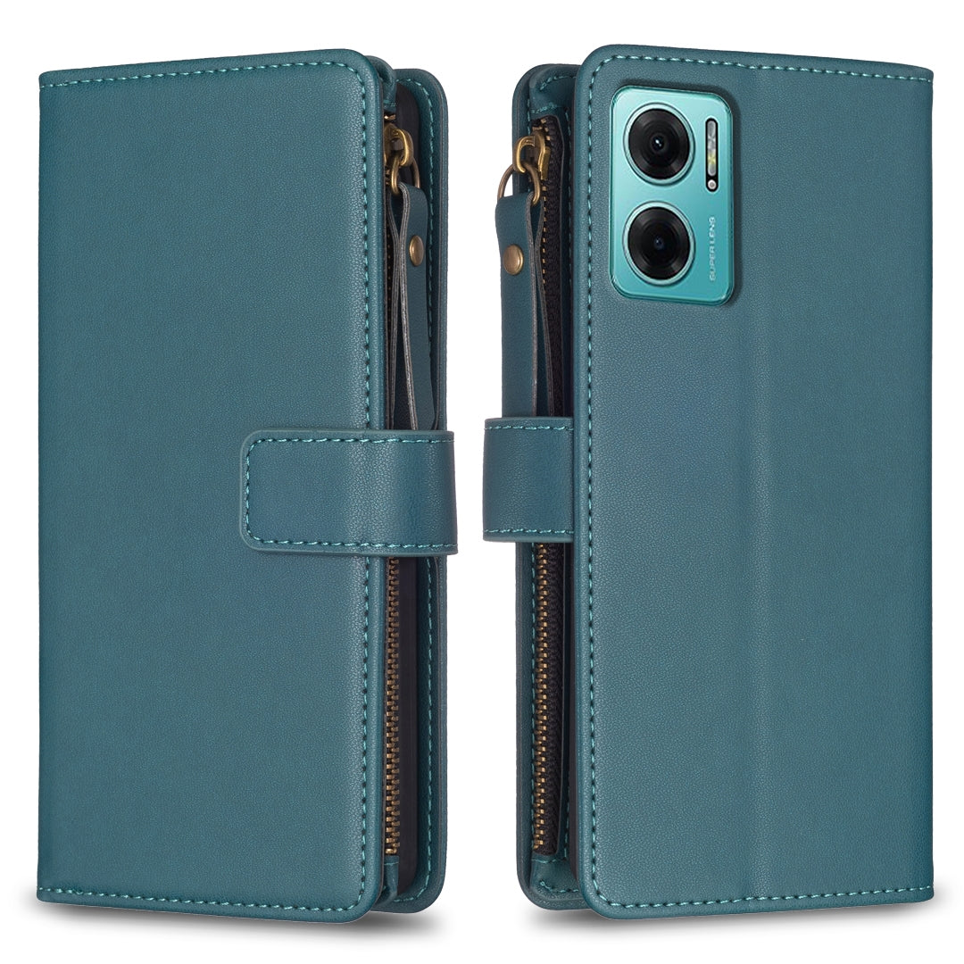 Xiaomi Redmi 10 5G Leather Flip Phone Case with 9 Card Slots, Zipper Wallet & Detachable Wristlet Strap