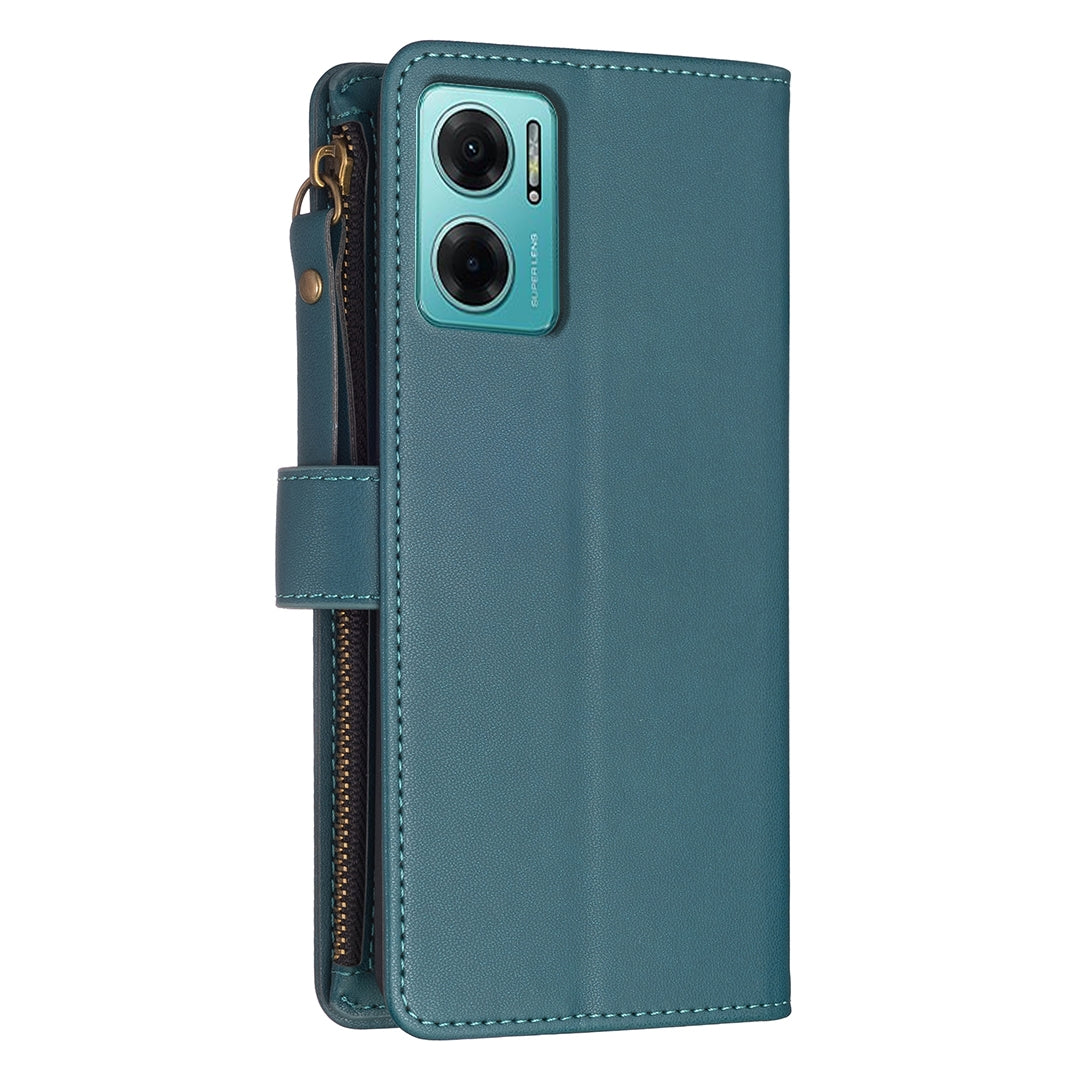 Xiaomi Redmi 10 5G Leather Flip Phone Case with 9 Card Slots, Zipper Wallet & Detachable Wristlet Strap