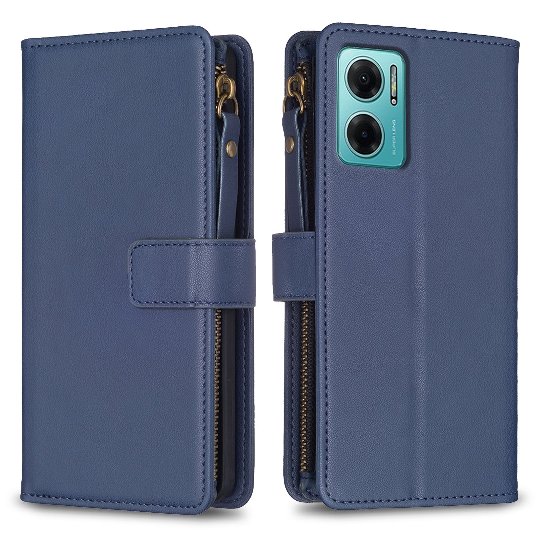 Xiaomi Redmi 10 5G Leather Flip Phone Case with 9 Card Slots, Zipper Wallet & Detachable Wristlet Strap