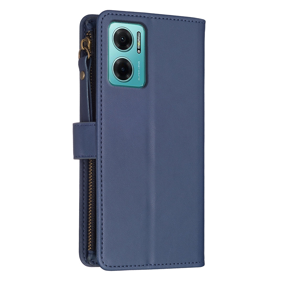 Xiaomi Redmi 10 5G Leather Flip Phone Case with 9 Card Slots, Zipper Wallet & Detachable Wristlet Strap