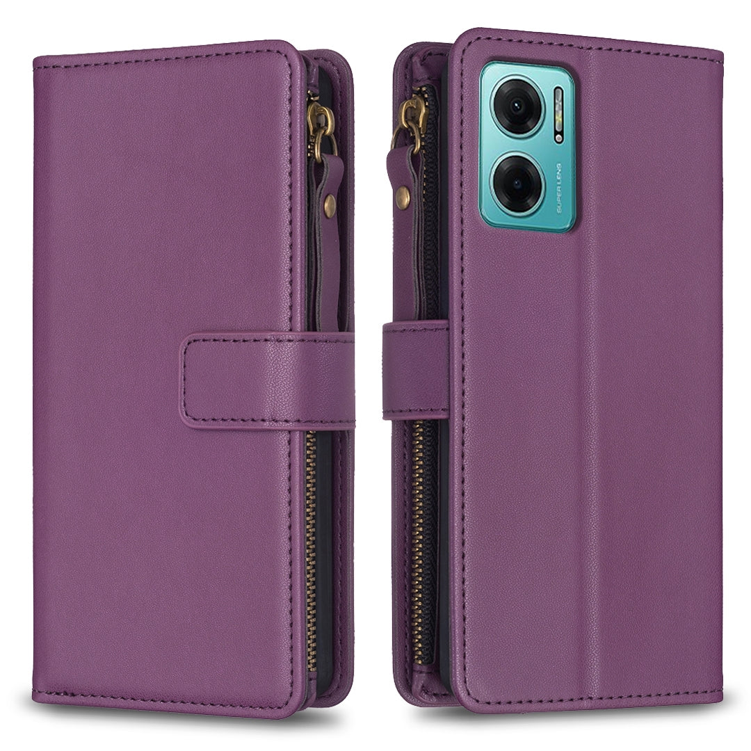Xiaomi Redmi 10 5G Leather Flip Phone Case with 9 Card Slots, Zipper Wallet & Detachable Wristlet Strap
