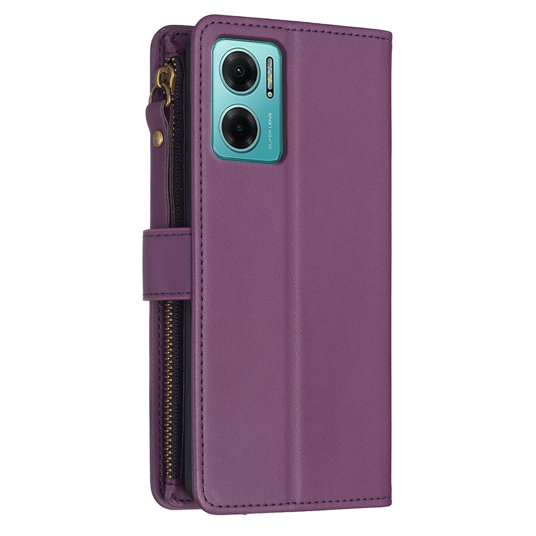 Xiaomi Redmi 10 5G Leather Flip Phone Case with 9 Card Slots, Zipper Wallet & Detachable Wristlet Strap