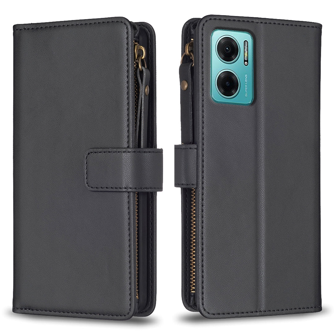 Xiaomi Redmi 10 5G Leather Flip Phone Case with 9 Card Slots, Zipper Wallet & Detachable Wristlet Strap