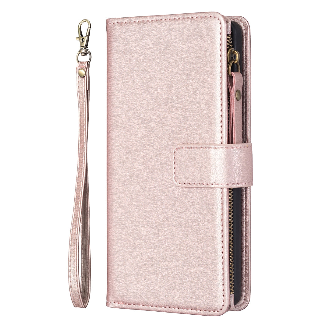 Xiaomi Redmi 10 5G Leather Flip Phone Case with 9 Card Slots, Zipper Wallet & Detachable Wristlet Strap