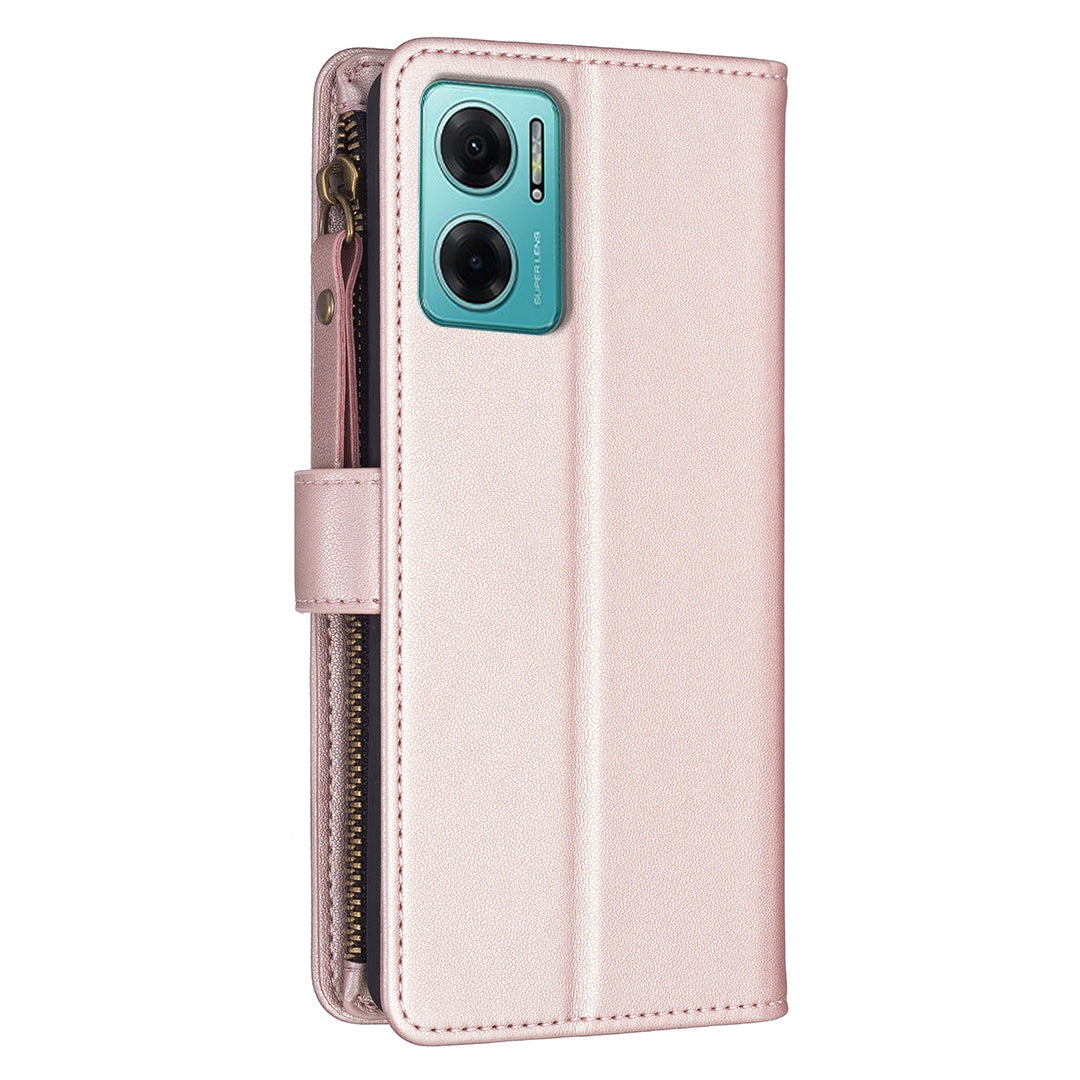 Xiaomi Redmi 10 5G Leather Flip Phone Case with 9 Card Slots, Zipper Wallet & Detachable Wristlet Strap