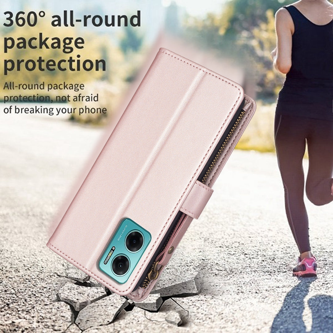 Xiaomi Redmi 10 5G Leather Flip Phone Case with 9 Card Slots, Zipper Wallet & Detachable Wristlet Strap