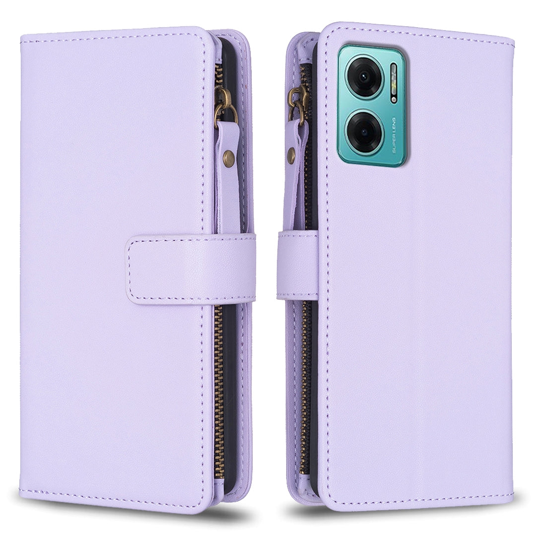 Xiaomi Redmi 10 5G Leather Flip Phone Case with 9 Card Slots, Zipper Wallet & Detachable Wristlet Strap