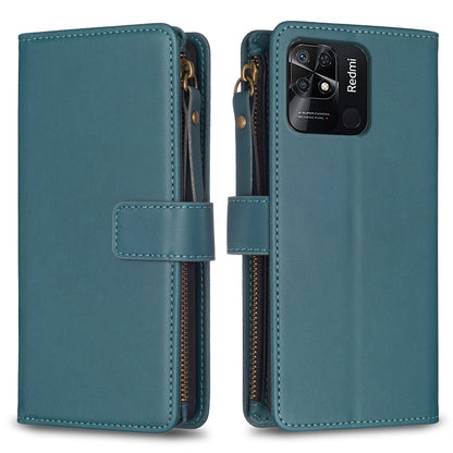 Xiaomi Redmi 10C Leather Flip Phone Case with 9 Card Slots, Zipper Wallet & Detachable Wristlet Strap