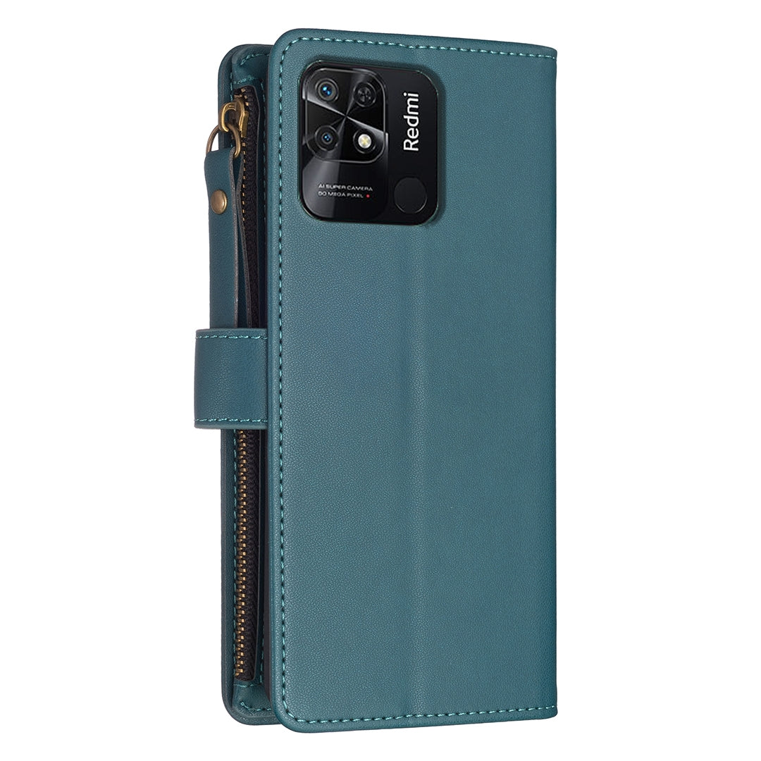 Xiaomi Redmi 10C Leather Flip Phone Case with 9 Card Slots, Zipper Wallet & Detachable Wristlet Strap