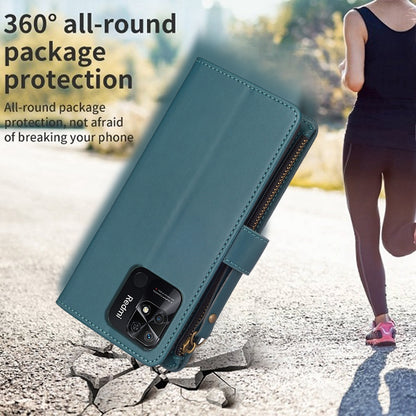 Xiaomi Redmi 10C Leather Flip Phone Case with 9 Card Slots, Zipper Wallet & Detachable Wristlet Strap