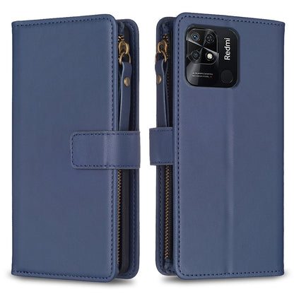 Xiaomi Redmi 10C Leather Flip Phone Case with 9 Card Slots, Zipper Wallet & Detachable Wristlet Strap