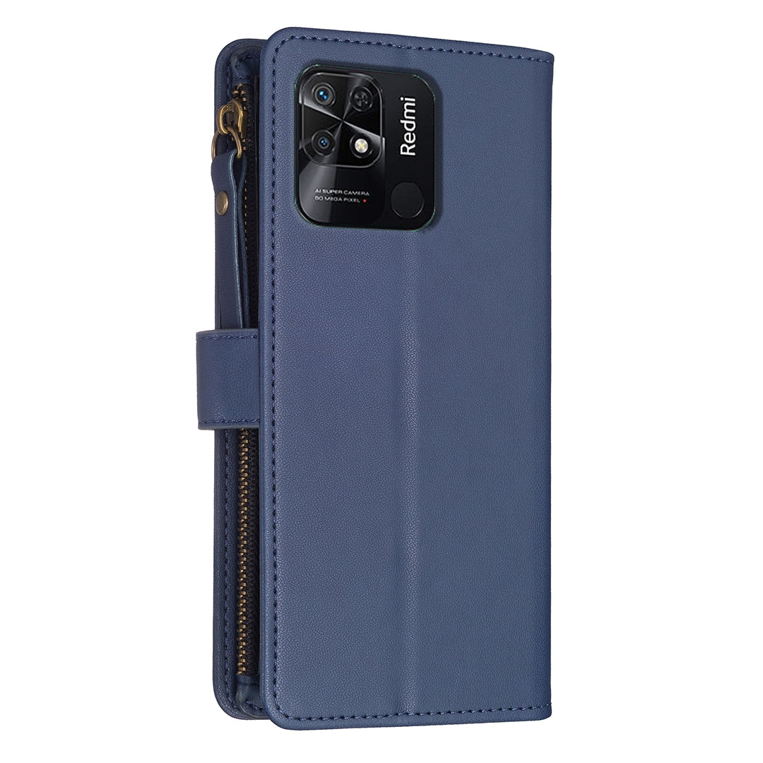 Xiaomi Redmi 10C Leather Flip Phone Case with 9 Card Slots, Zipper Wallet & Detachable Wristlet Strap