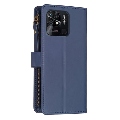 Xiaomi Redmi 10C Leather Flip Phone Case with 9 Card Slots, Zipper Wallet & Detachable Wristlet Strap