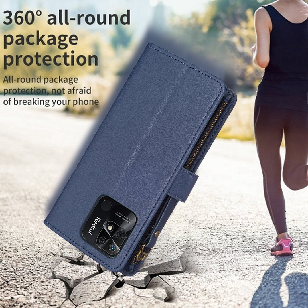Xiaomi Redmi 10C Leather Flip Phone Case with 9 Card Slots, Zipper Wallet & Detachable Wristlet Strap