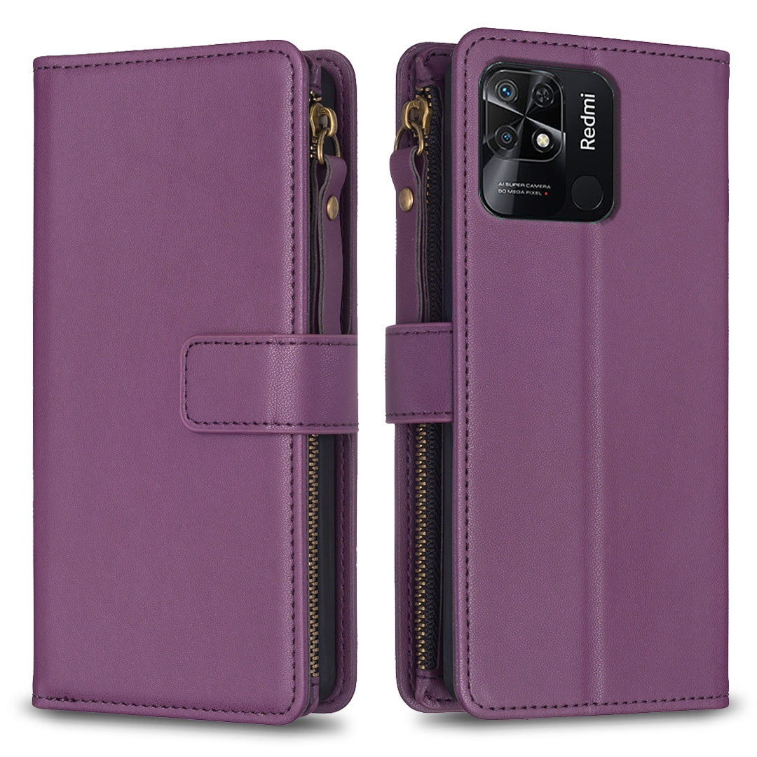 Xiaomi Redmi 10C Leather Flip Phone Case with 9 Card Slots, Zipper Wallet & Detachable Wristlet Strap