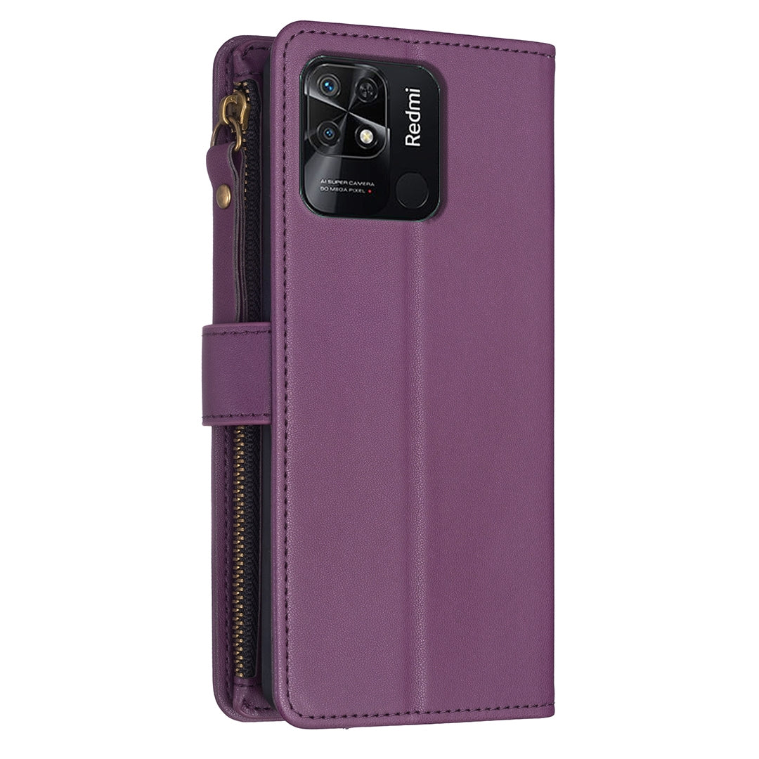Xiaomi Redmi 10C Leather Flip Phone Case with 9 Card Slots, Zipper Wallet & Detachable Wristlet Strap