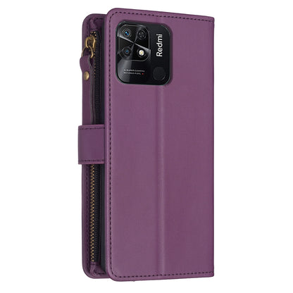 Xiaomi Redmi 10C Leather Flip Phone Case with 9 Card Slots, Zipper Wallet & Detachable Wristlet Strap
