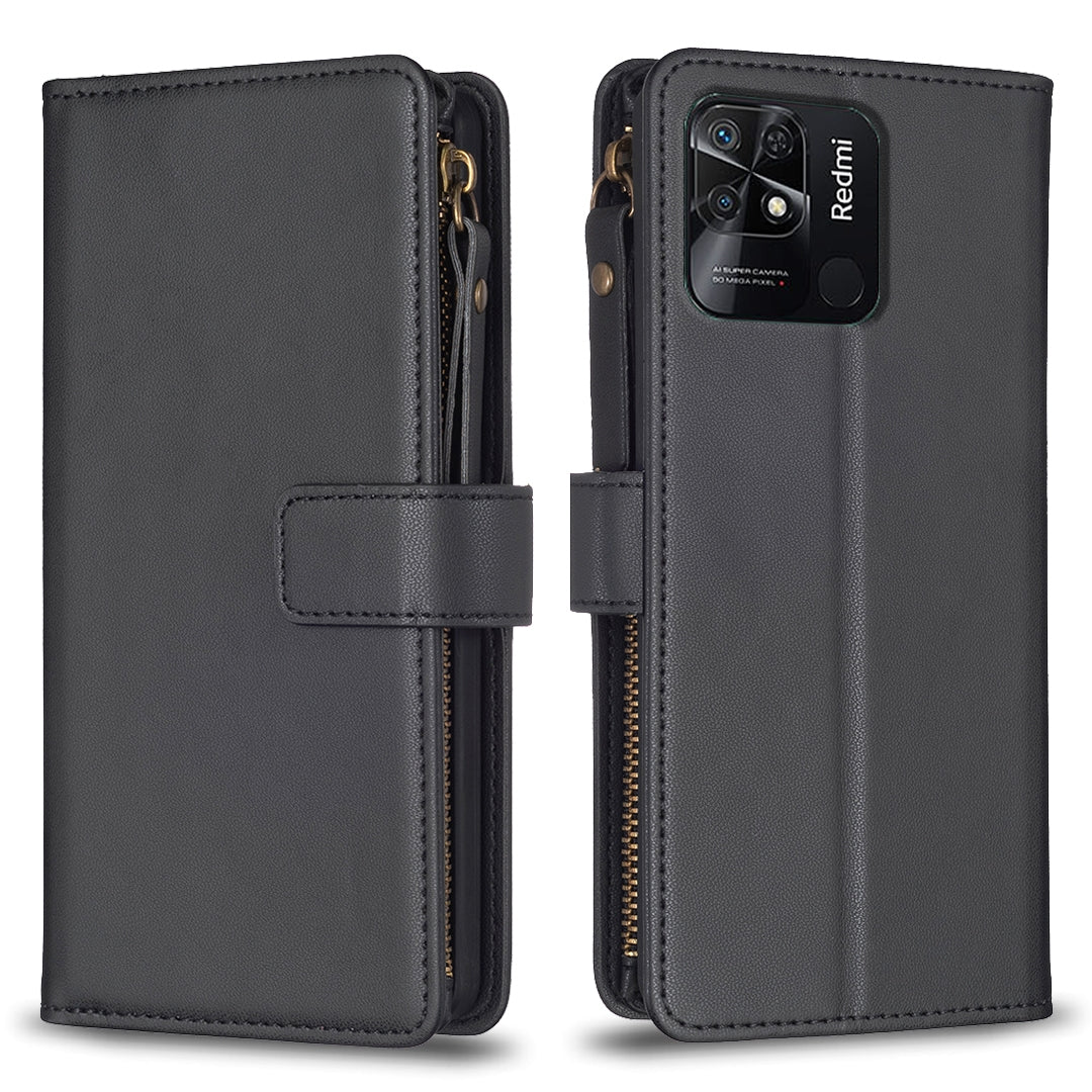 Xiaomi Redmi 10C Leather Flip Phone Case with 9 Card Slots, Zipper Wallet & Detachable Wristlet Strap