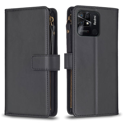 Xiaomi Redmi 10C Leather Flip Phone Case with 9 Card Slots, Zipper Wallet & Detachable Wristlet Strap