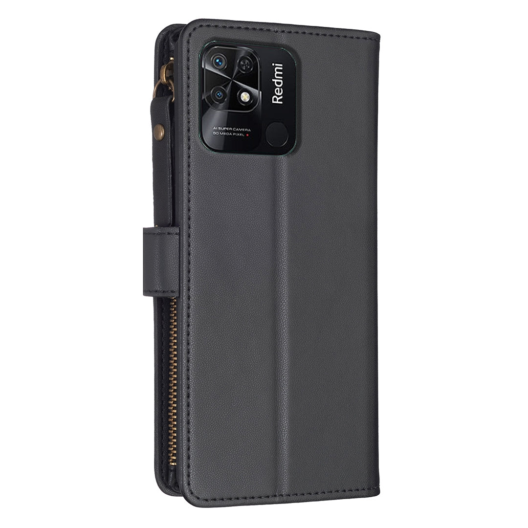 Xiaomi Redmi 10C Leather Flip Phone Case with 9 Card Slots, Zipper Wallet & Detachable Wristlet Strap
