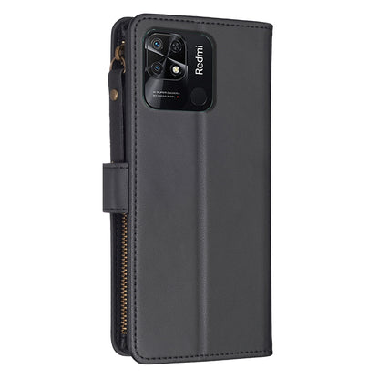 Xiaomi Redmi 10C Leather Flip Phone Case with 9 Card Slots, Zipper Wallet & Detachable Wristlet Strap
