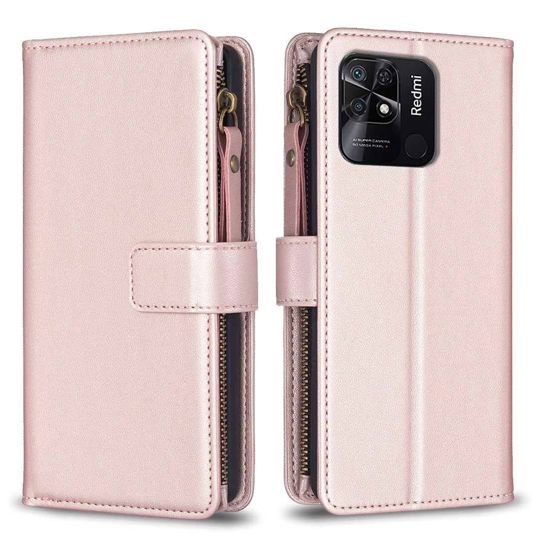 Xiaomi Redmi 10C Leather Flip Phone Case with 9 Card Slots, Zipper Wallet & Detachable Wristlet Strap