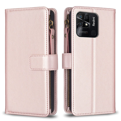 Xiaomi Redmi 10C Leather Flip Phone Case with 9 Card Slots, Zipper Wallet & Detachable Wristlet Strap