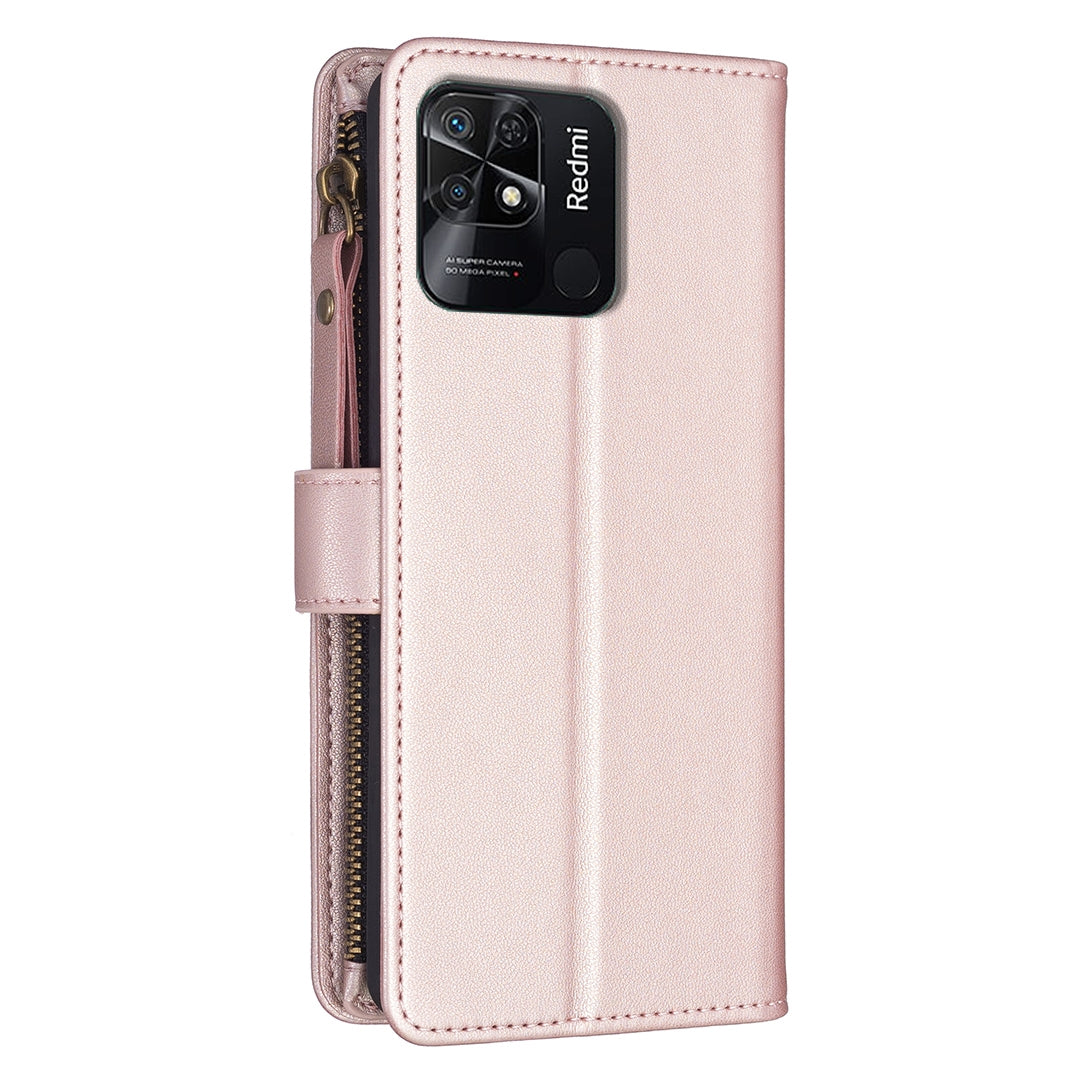 Xiaomi Redmi 10C Leather Flip Phone Case with 9 Card Slots, Zipper Wallet & Detachable Wristlet Strap