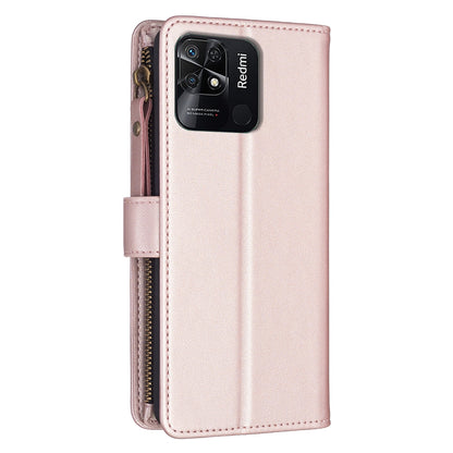 Xiaomi Redmi 10C Leather Flip Phone Case with 9 Card Slots, Zipper Wallet & Detachable Wristlet Strap