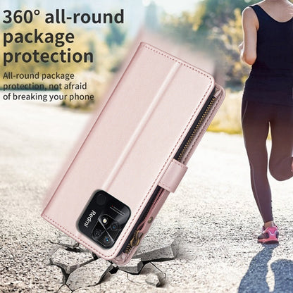 Xiaomi Redmi 10C Leather Flip Phone Case with 9 Card Slots, Zipper Wallet & Detachable Wristlet Strap