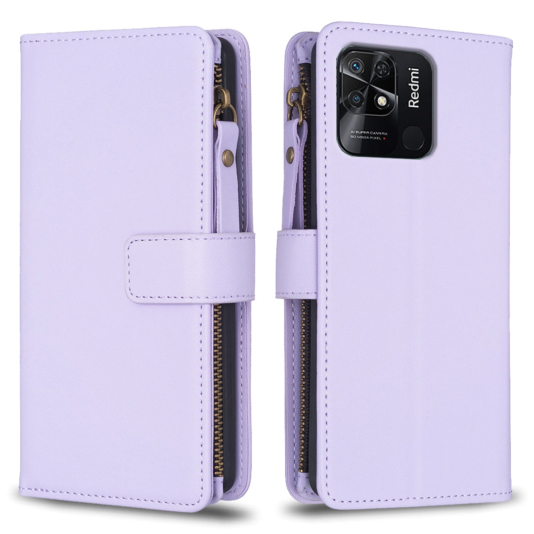 Xiaomi Redmi 10C Leather Flip Phone Case with 9 Card Slots, Zipper Wallet & Detachable Wristlet Strap