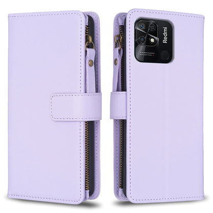 Xiaomi Redmi 10C Leather Flip Phone Case with 9 Card Slots, Zipper Wallet & Detachable Wristlet Strap