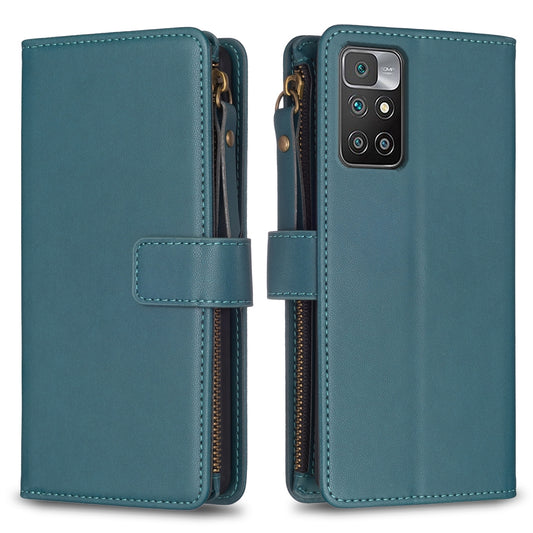 Xiaomi Redmi 10 Leather Flip Phone Case with 9 Card Slots, Zipper Wallet & Detachable Wristlet Strap