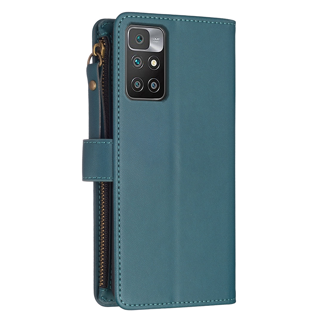 Xiaomi Redmi 10 Leather Flip Phone Case with 9 Card Slots, Zipper Wallet & Detachable Wristlet Strap