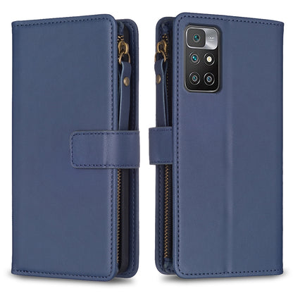 Xiaomi Redmi 10 Leather Flip Phone Case with 9 Card Slots, Zipper Wallet & Detachable Wristlet Strap