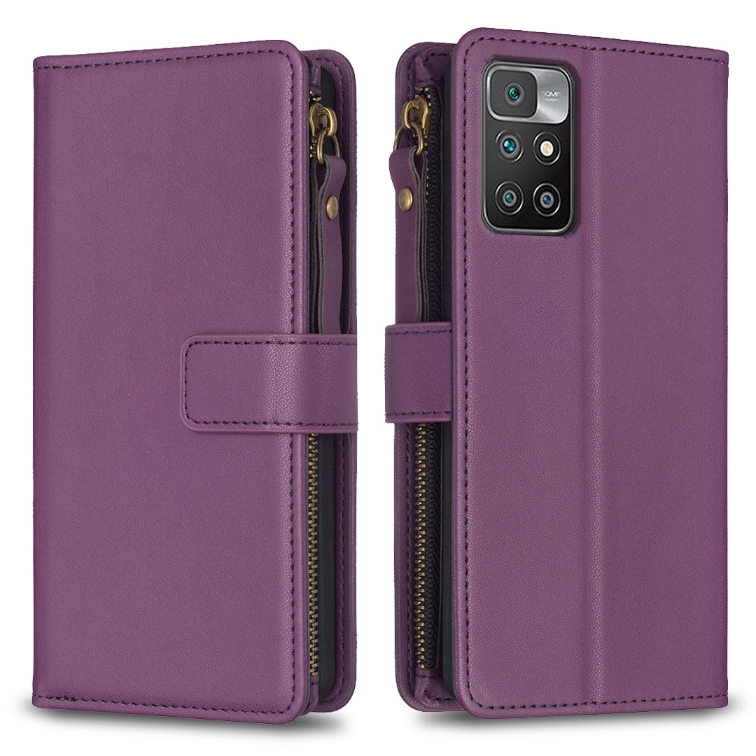 Xiaomi Redmi 10 Leather Flip Phone Case with 9 Card Slots, Zipper Wallet & Detachable Wristlet Strap