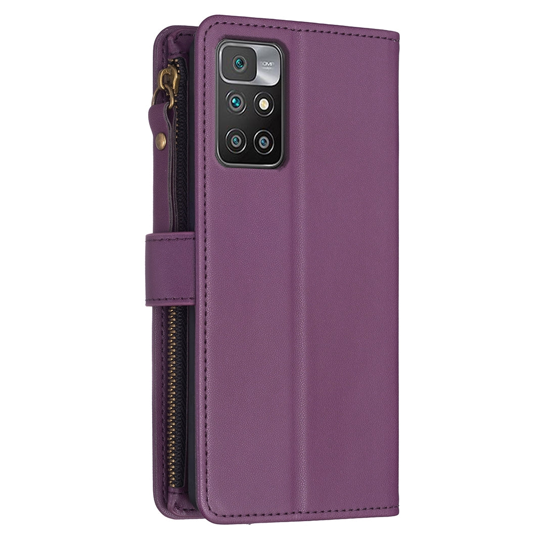 Xiaomi Redmi 10 Leather Flip Phone Case with 9 Card Slots, Zipper Wallet & Detachable Wristlet Strap