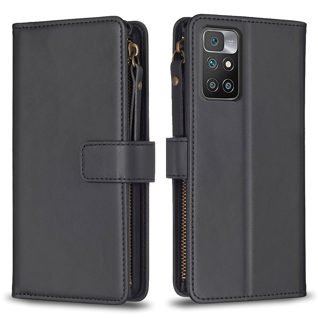 Xiaomi Redmi 10 Leather Flip Phone Case with 9 Card Slots, Zipper Wallet & Detachable Wristlet Strap
