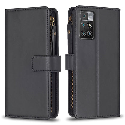Xiaomi Redmi 10 Leather Flip Phone Case with 9 Card Slots, Zipper Wallet & Detachable Wristlet Strap