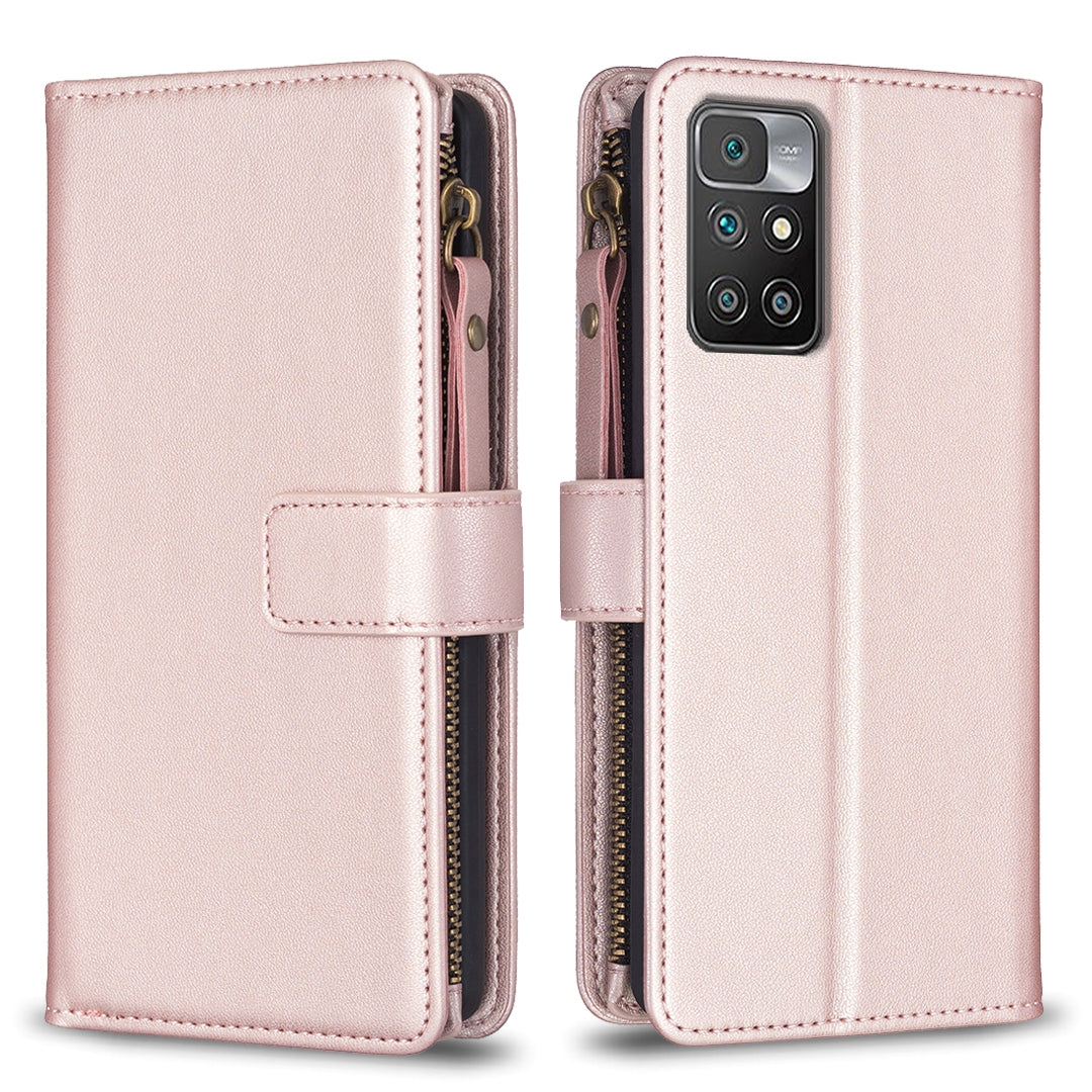 Xiaomi Redmi 10 Leather Flip Phone Case with 9 Card Slots, Zipper Wallet & Detachable Wristlet Strap