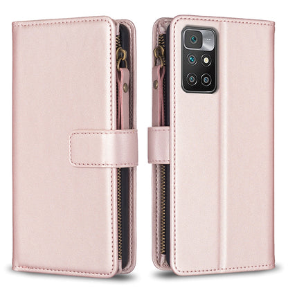 Xiaomi Redmi 10 Leather Flip Phone Case with 9 Card Slots, Zipper Wallet & Detachable Wristlet Strap