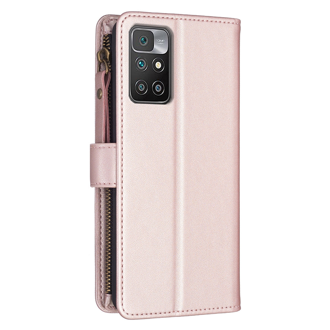 Xiaomi Redmi 10 Leather Flip Phone Case with 9 Card Slots, Zipper Wallet & Detachable Wristlet Strap