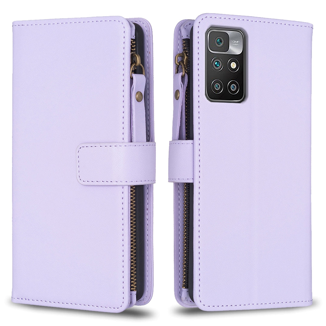 Xiaomi Redmi 10 Leather Flip Phone Case with 9 Card Slots, Zipper Wallet & Detachable Wristlet Strap