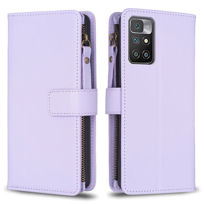 Xiaomi Redmi 10 Leather Flip Phone Case with 9 Card Slots, Zipper Wallet & Detachable Wristlet Strap