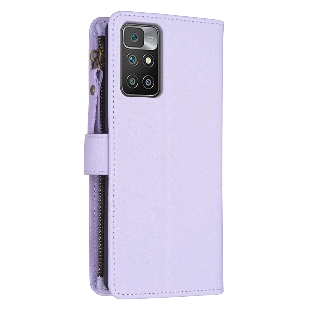 Xiaomi Redmi 10 Leather Flip Phone Case with 9 Card Slots, Zipper Wallet & Detachable Wristlet Strap