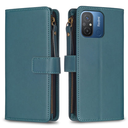 Xiaomi Redmi 12C Leather Flip Phone Case with 9 Card Slots, Zipper Wallet & Detachable Wristlet Strap